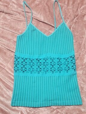 VENUS Turquoise Ribbed Spaghetti Strap Lace-Panel Camisole Stretchy M